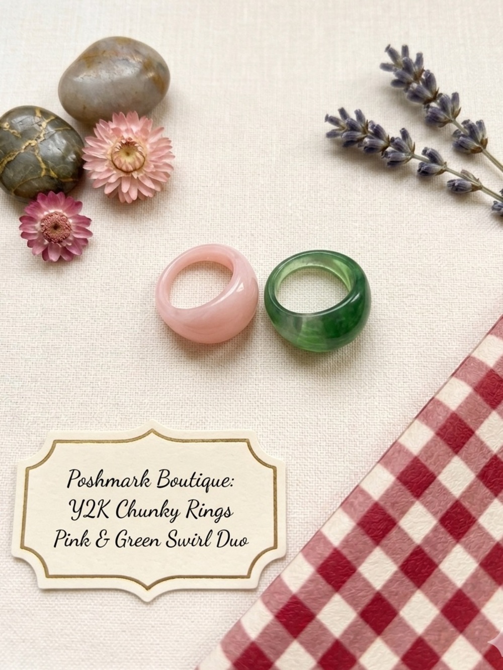 Chunky Pink & Green Swirl Rings Duo
